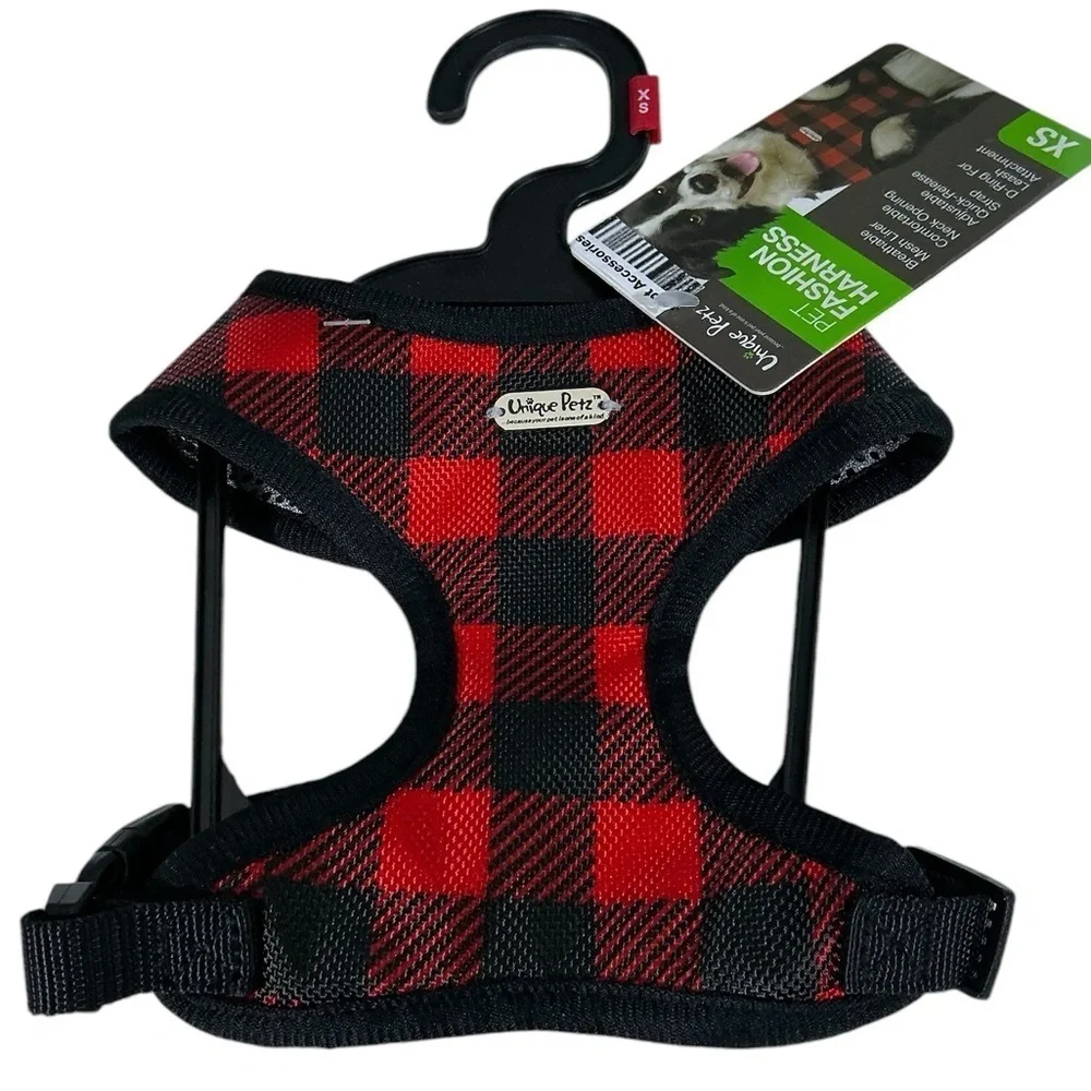 Unique Petz Dog Harness XS Adjustable Comfy Red Black Tartan Plaid Size XS